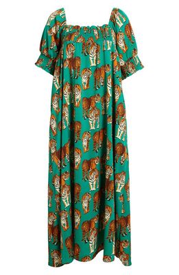 Dressed in Lala Tiger Print Smocked Maxi Dress in Green Tiger