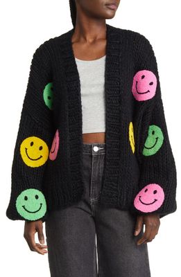 Dressed in Lala Visionary Oversize Open Front Cardigan in Black Multi Smiley