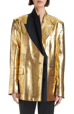 Dries Van Noten Benos Asymmetric Metallic Coated Wool Blazer in Gold Anthracite