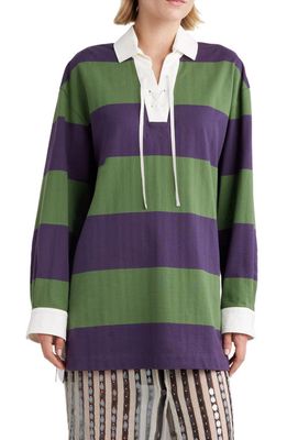 Dries Van Noten Block Stripe Lace-Up Cotton & Linen Blend Rugby Shirt in Dark Purple 402