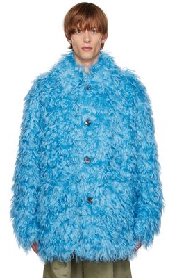 Dries Van Noten Blue Fluffy Faux-Fur Coat