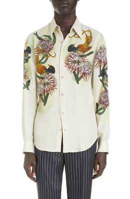 Dries Van Noten Celdon Floral Print Button-Up Shirt in Ecru