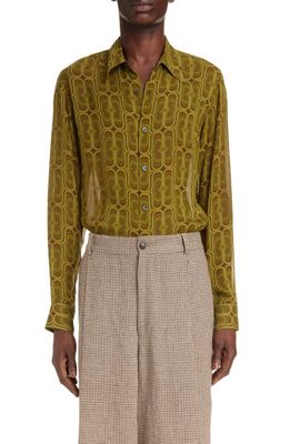Dries Van Noten Celdon Print Semisheer Button-Up Shirt in Khaki 606