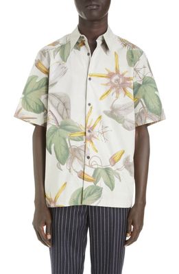Dries Van Noten Clasen Floral Short Sleeve Cotton Button-Up Shirt in Cement