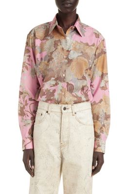 Dries Van Noten Clavelly Floral Print Cotton Shirt in Pink 305
