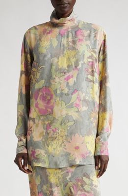 Dries Van Noten Contisy Floral Print Turtleneck Shirt in Grey 802