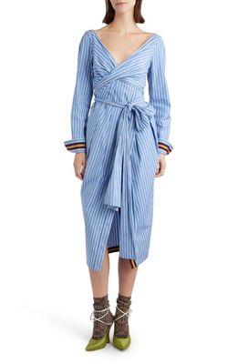 Dries Van Noten Dolada Stripe Long Sleeve Cotton Poplin Midi Shirtdress in Light Blue