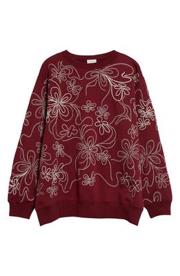 Dries Van Noten Floral Embroidered Oversize Cotton Crewneck Sweatshirt in Burgundy 358