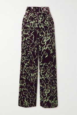 Dries Van Noten - Floral-print Velvet Wide-leg Pants - Black