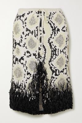 Dries Van Noten - Fringed Embellished Sequined Tulle Midi Skirt - White