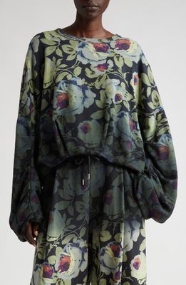 Dries Van Noten Hannette Two-Tone Floral Print Cotton Sweatshirt in Black 900