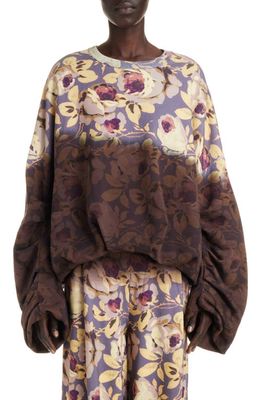 Dries Van Noten Hannette Two-Tone Floral Print Cotton Sweatshirt in Purple 401
