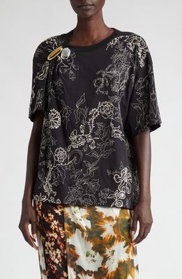 Dries Van Noten Hevent Floral Embroidered T-Shirt in Black 900