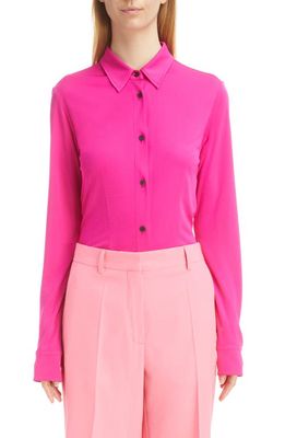 Dries Van Noten Huto Fitted Knit Button-Up Blouse in Fuchsia 304