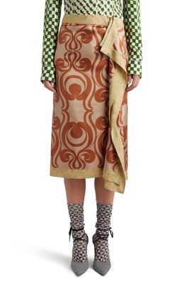 Dries Van Noten Mixed Print Draped Silk Midi Skirt in Brown 703