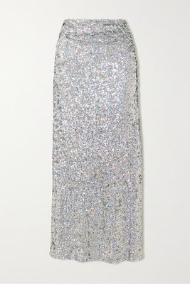 Dries Van Noten - Ruched Sequined Tulle Midi Skirt - Silver