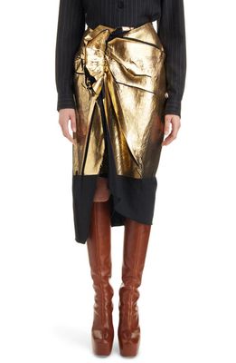 Dries Van Noten Sinam Metallic Coated Draped Twill Skirt in Black 900