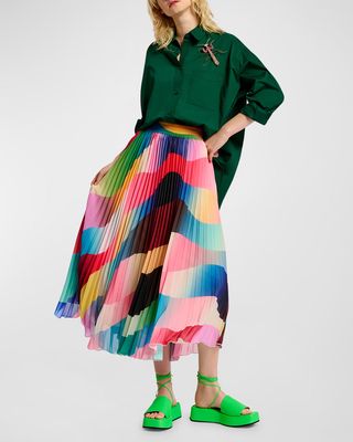Drobali Multicolor Graphic-Print Plissé Midi Skirt