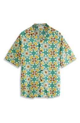 Drôle de Monsieur Fantaisie Tile Print Short Sleeve Button-Up Camp Shirt in Green