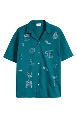 Drôle de Monsieur La Chemise Brodée Embroidered Short Sleeve Button-Up Shirt in Forest Green