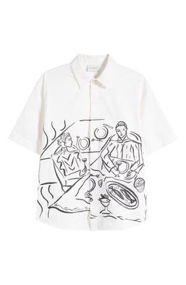 Drôle de Monsieur La Chemise Dîner Print Short Sleeve Button-Up Shirt in White