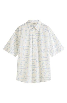 Drôle de Monsieur Monogram Print Short Sleeve Cotton Button-Up Shirt in Cream