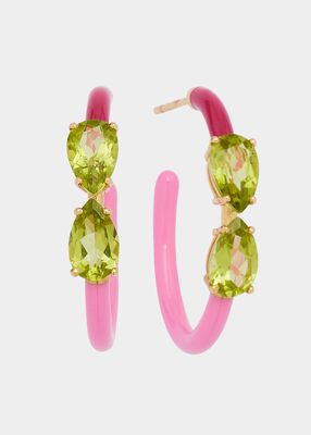 Drop-Cut Vine Hoop Earrings in Bubblegum Pink and Amarena Enamel with Peridot