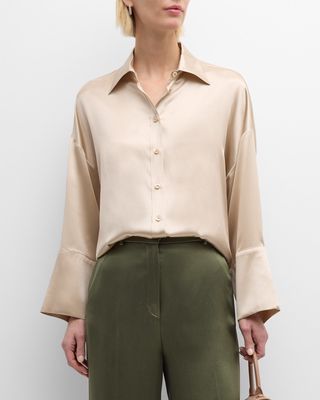 Drop-Shoulder Button-Down Silk Shirt