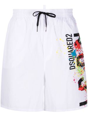 Dsquared2 Icon paint-splatter print swim shorts - White