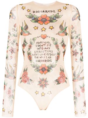 Dsquared2 tattoo-print long-sleeved body - Neutrals
