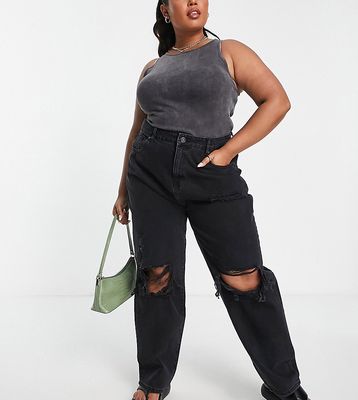 DTT Plus boyfriend jeans with knee rips in washed black