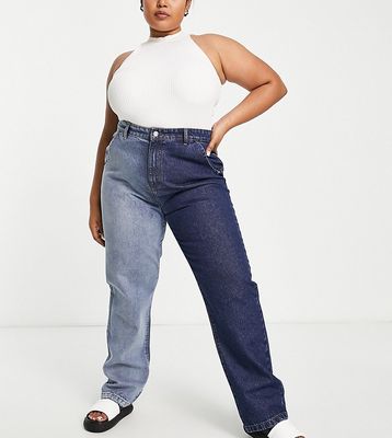DTT Plus straight leg two tone spliced jeans in blue