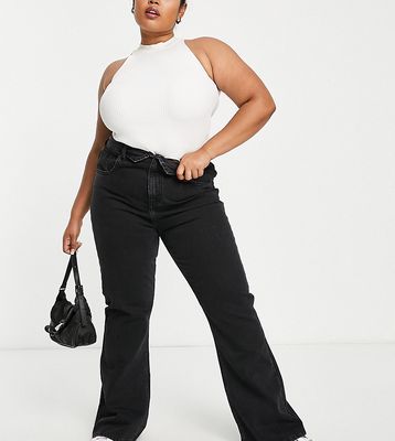 DTT Plus wide leg jeans with folded waist in washed black