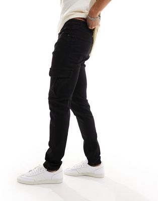 DTT stretch tapered fit cargo jeans in black