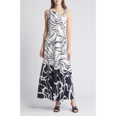 Du Paradis Asymmetric Neck A-Line Dress in Marmo Bianco Nero 