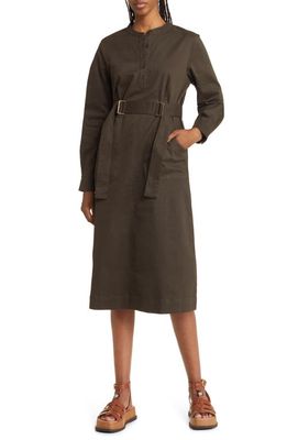 Du Paradis Belted Long Sleeve Midi Dress in Olive