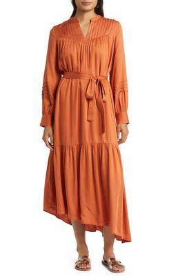 Du Paradis Tie Waist Long Sleeve Asymmetric Maxi Dress in Rust