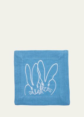 Duet Bunny Embroidered Linen Cocktail Napkins, Set of 6