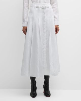 Dugald Pleated Belted Linen Midi Skirt
