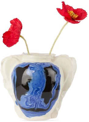 DUM KERAMIK Off-White & Blue Distorted Watery Oversized Smiley Head Vase