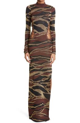 DUNDAS Julie Metallic Animal Stripe Mock Neck Long Sleeve Cutout Evening Dress in Brown/Black