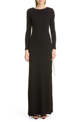 DUNDAS Long Sleeve Lace-Up Open Back Evening Gown in Black