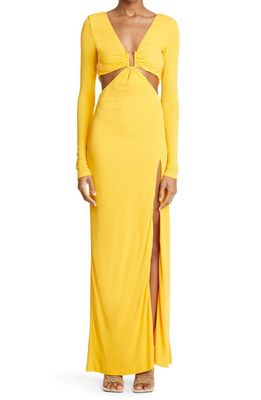DUNDAS Sidra Cutout Long Sleeve Jersey Maxi Dress in Mango