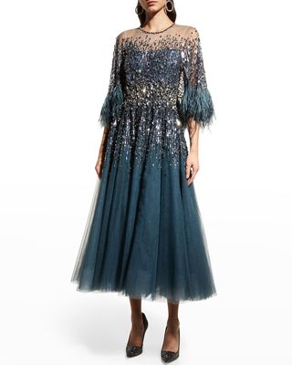 Dusty Miller Crystal Cape Tulle Midi Dress w/ Feather Trim