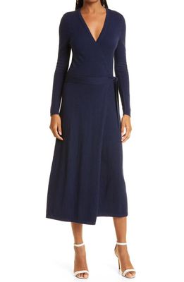 DVF Astrid Long Sleeve Wool & Cashmere Wrap Dress in New Navy