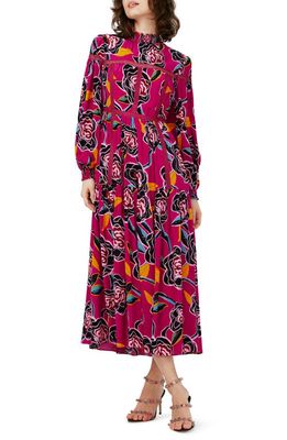 DVF Cherie Floral Long Sleeve Midi Dress in Oracle Rose Lg Poison Pink