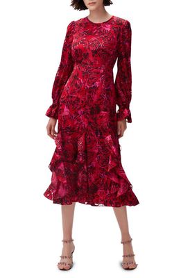 DVF Iva Rose Print Ruffle Long Sleeve Midi Dress in Forb Fruit Eotrs