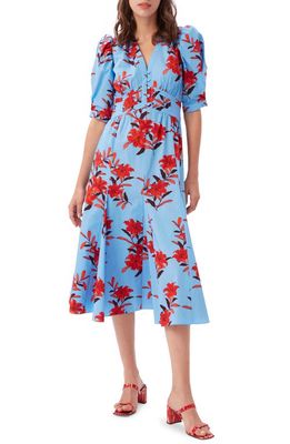 DVF Melissa Puff Sleeve Floral Midi Dress in Argos Medium Sky Blue