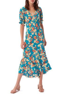 DVF Orla Floral Print A-Line Dress in Birtwell Cloud Turquoise