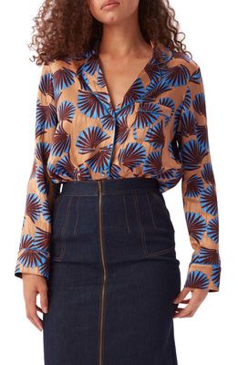 DVF Print Piped Button-Up Shirt in Fan Large Tobacco